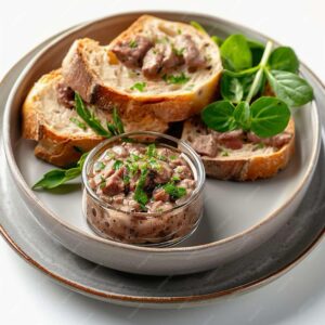 Paštika z husích jater s rozpečenou bagetkou, salátek